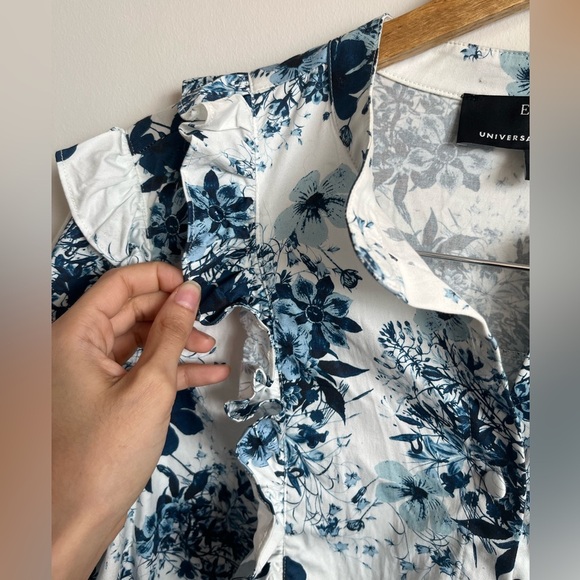 ERDEM X Universal Standard Blue and White Floral Poplin Ruffled Blouse - Picture 3 of 13